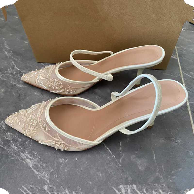 String Of Pearls Plant - Women's Mesh Floral Embroidered Slingback High